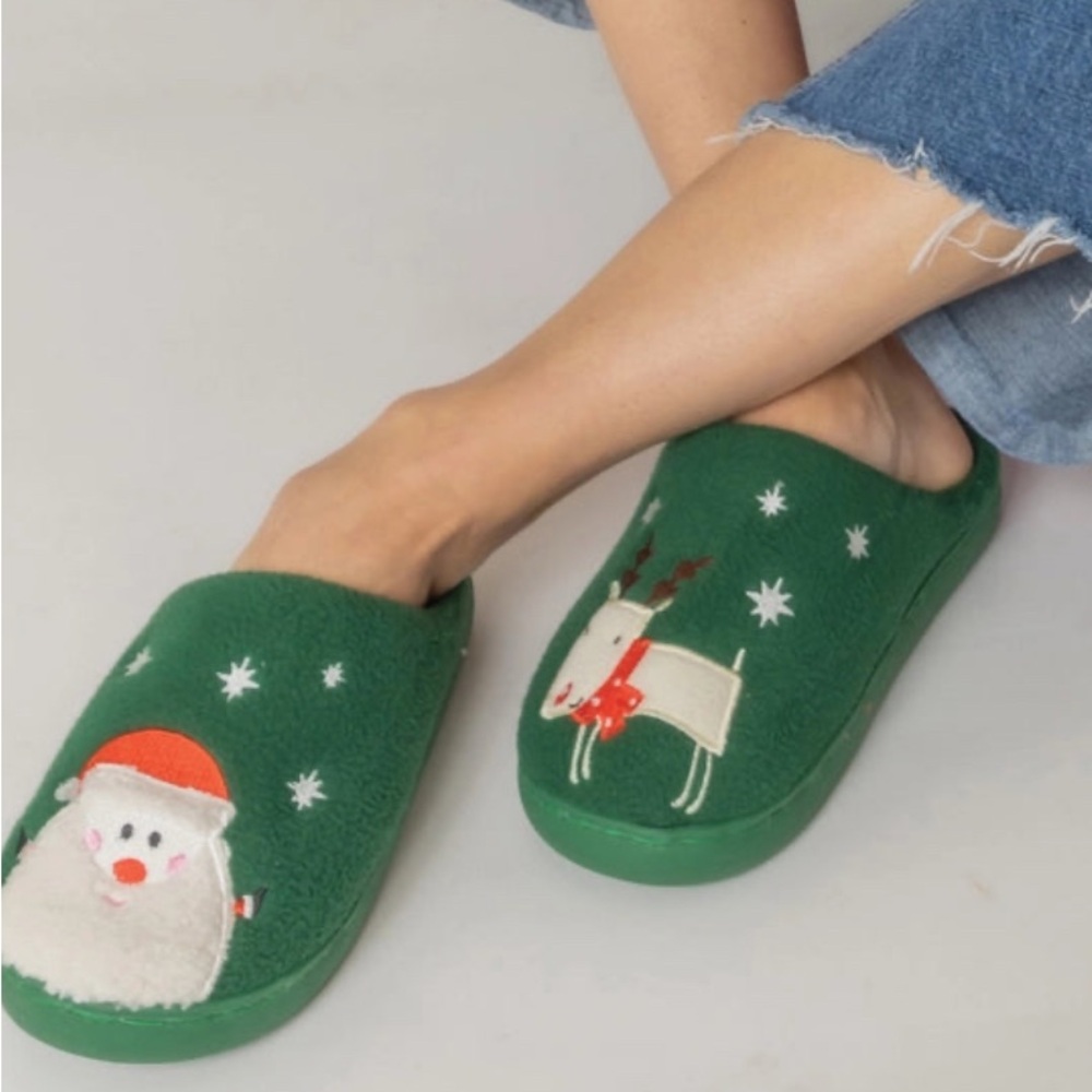 Green Holiday Slippers with Santa and Reindeer CHRISTMAS